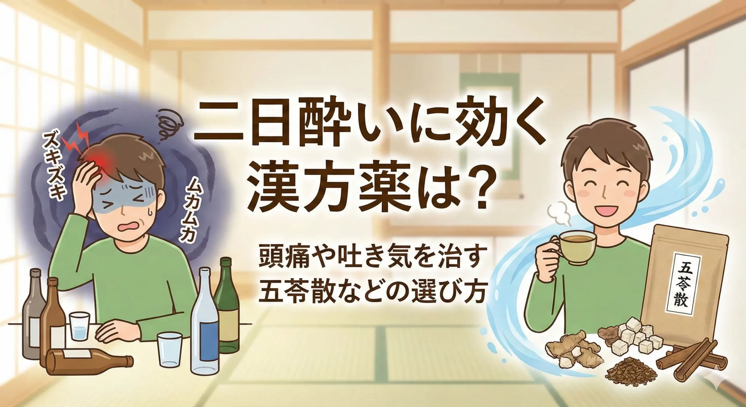 二日酔いに効く漢方薬は?頭痛や吐き気を治す五苓散などの選び方
